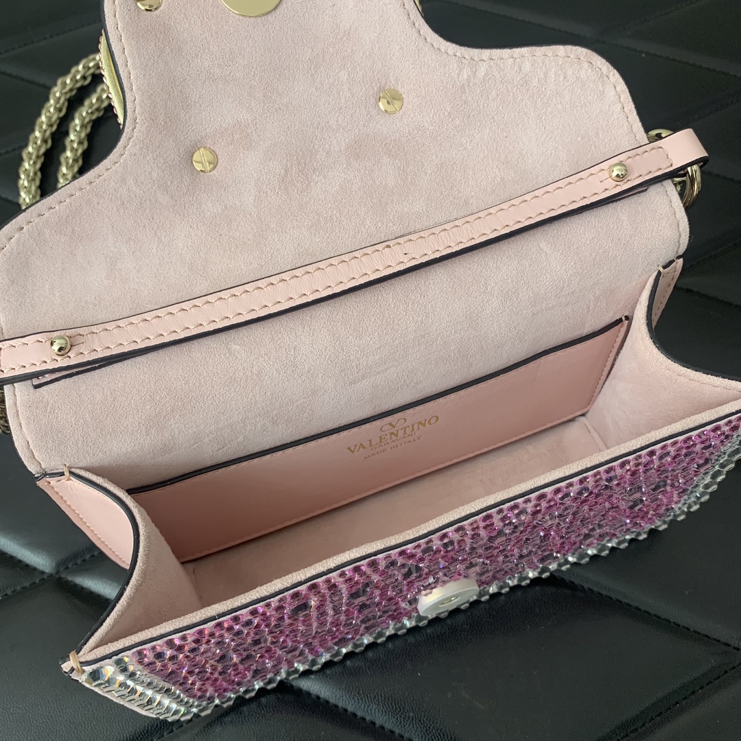 Valentino Garavani Loco Small Shoulder Bag with Pink Rhinestone Applique